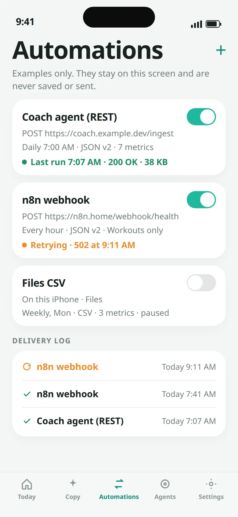 Automations screen showing example webhook and Files exports, plus a delivery log. The examples are not sent.