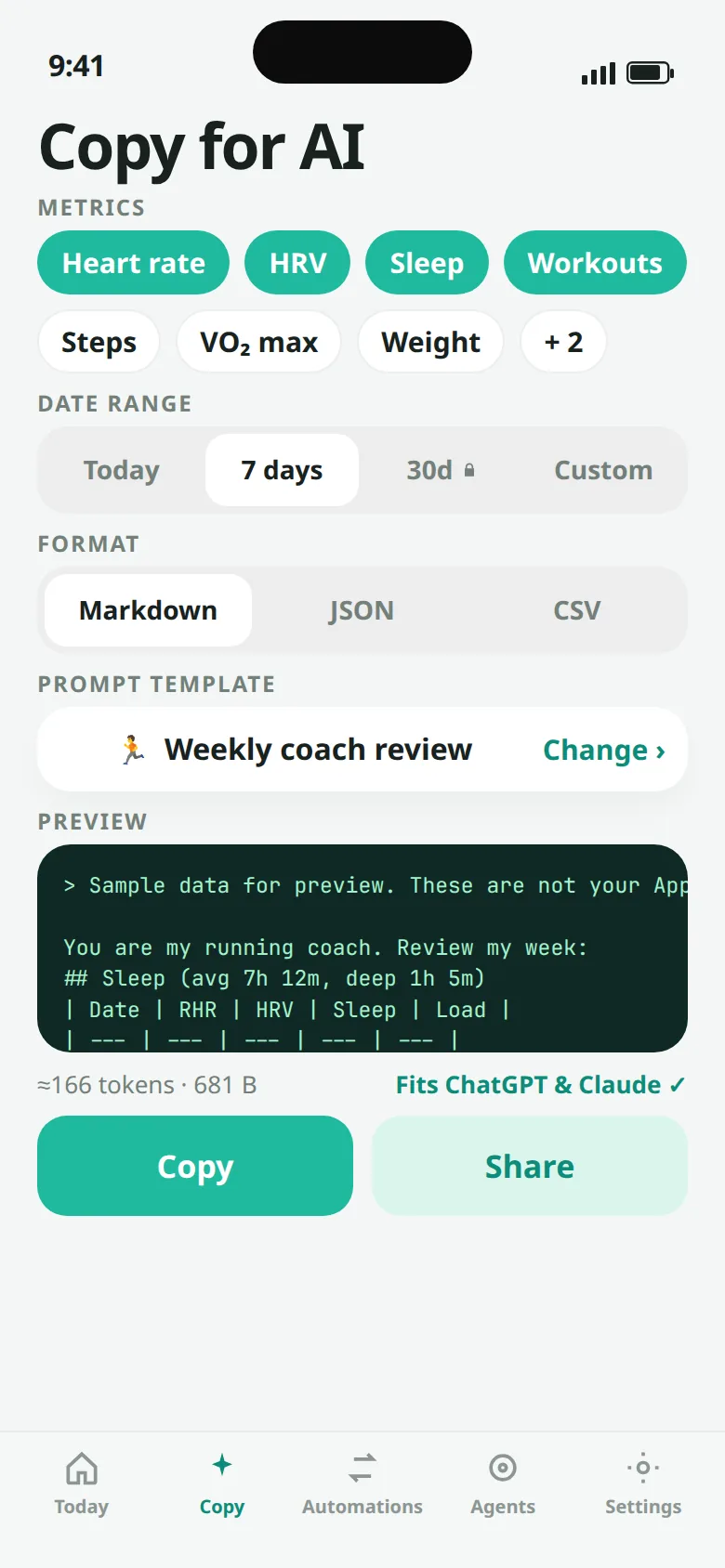 Copy for AI screen with metric chips, a 7-day range, Markdown selected, and a Weekly coach review preview.